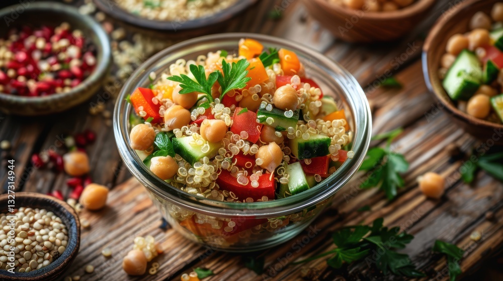 Colorful Quinoa Salad with Fresh Vegetables and Chickpeas on Rustic Wooden Table Colorful Quinoa Salad with Fresh Vegetables and Chickpeas on Rustic Wooden Table