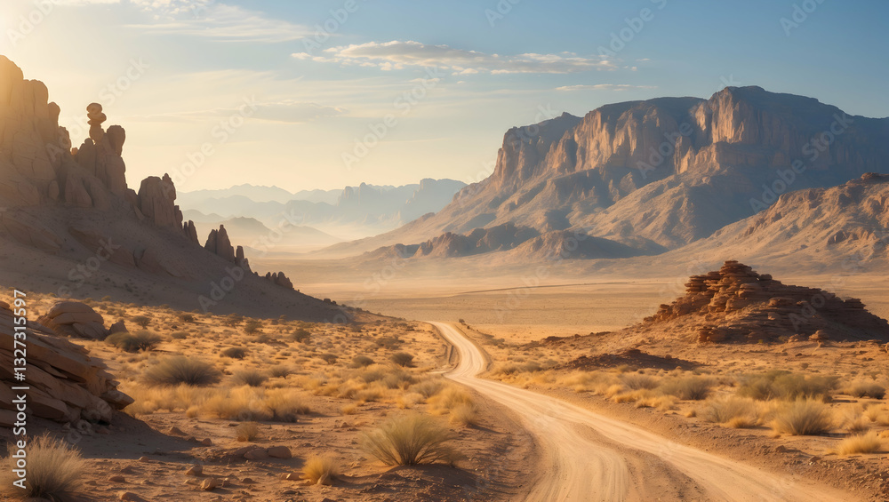 Naklejka premium A Lone Desert Road Winds Through Ancient, Sun-drenched Mountains, Inviting Exploration Under A Vast, Clear Sky With Warm Golden Light