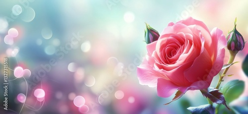 Beautiful pink rose with soft bokeh background and delicate buds