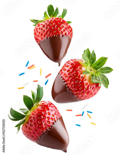 Delicious strawberries dipped in chocolate with sprinkles on transparent background