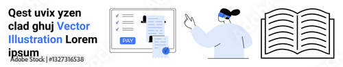 Digital payment form with Pay button, person gesturing, and open book. Ideal for online finance, user interface, e-learning, instructions, digital communication, fintech abstract line flat metaphor