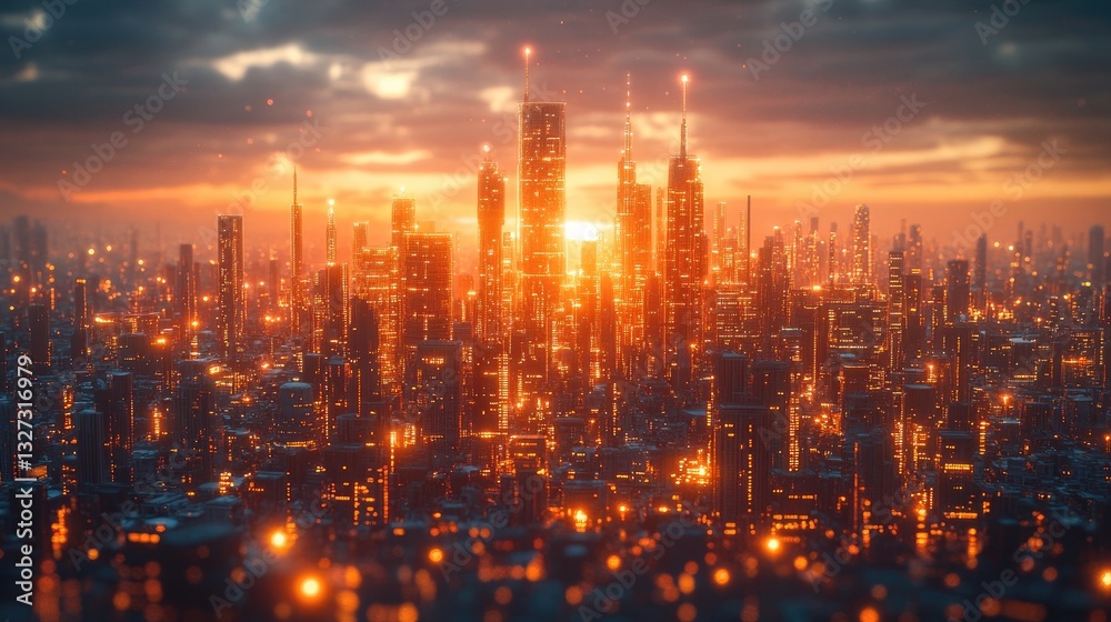 Fototapeta premium Futuristic city skyline at sunset. Possible use Stock photo for science fiction, technology, or urban design concepts
