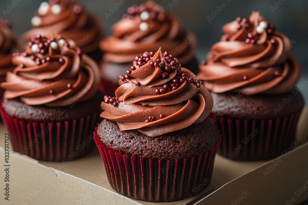 Chocolate cupcakes with dark chocolate frosting and decorative sprinkles on display for an occasion Chocolate cupcakes with dark chocolate frosting and decorative sprinkles on display for an occasion
