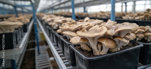 Mushroom cultivation in greenhouse with rows of fresh oyster mushrooms