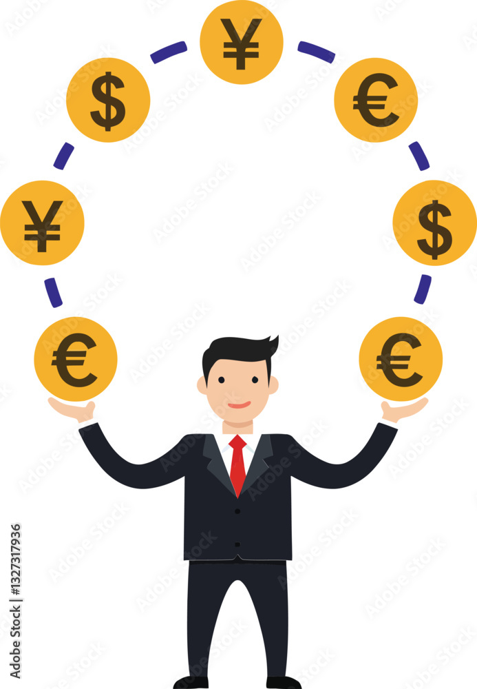 Businessman in a suit juggling currency symbols with a confident smile in a flat vector illustration, showcasing financial success and balance in a playful manner vector art Businessman in a suit juggling currency symbols with a confident smile in a flat vector illustration, showcasing financial success and balance in a playful manner vector art