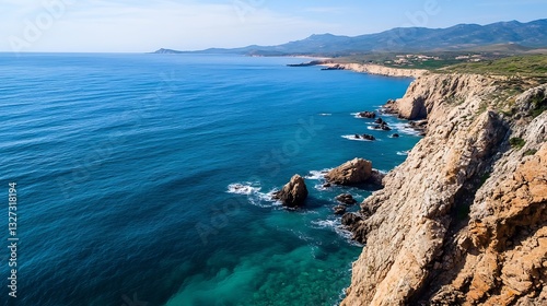Breathtaking view of rocky cliffside meeting crystal clear ocean waves under a blue sky : Generative AI