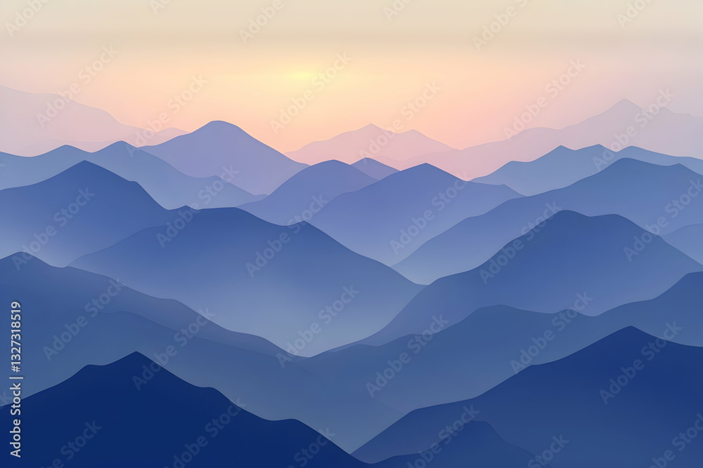 Obraz premium Layered Mountain Range Silhouette at Sunset with Soft Pastel Sky