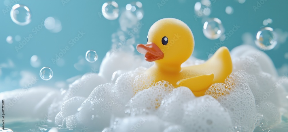 Cute yellow rubber duck floating in bubbly water with soap bubbles Cute yellow rubber duck floating in bubbly water with soap bubbles