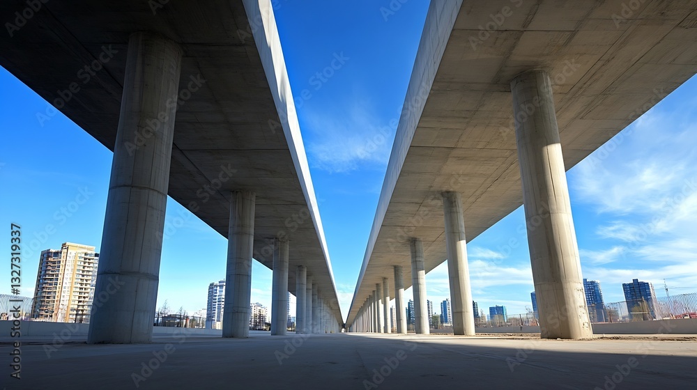 Modern architectural perspective of a concrete highway structure with urban skyline backdrop : Generative AI Modern architectural perspective of a concrete highway structure with urban skyline backdrop : Generative AI