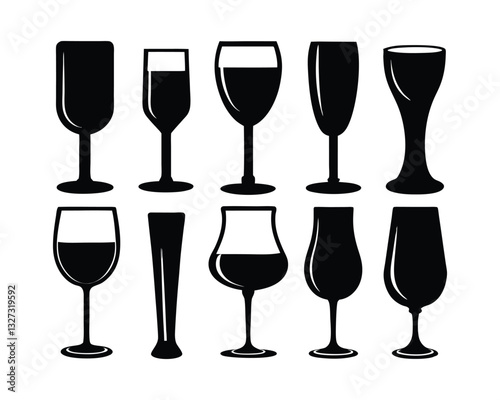 wine bottles and glasses bundle set  silhouette design on a white background