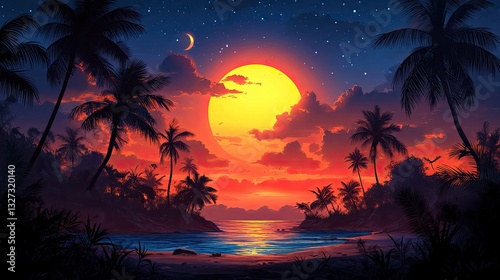 Tropical island sunset seascape, vibrant colors, serene view, digital art, background, stock photo