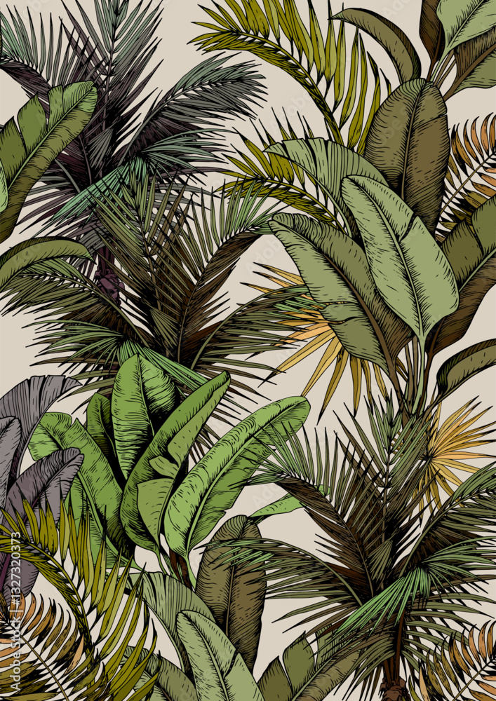 Fototapeta premium Art print with tropical green leaves and palm trees. Hawaiian style botanical background. Hand drawn vector illustration.