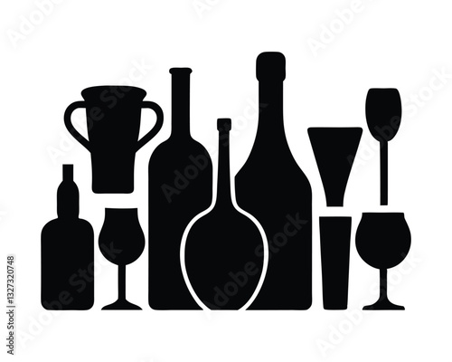 wine bottles and glasses bundle set on a white background