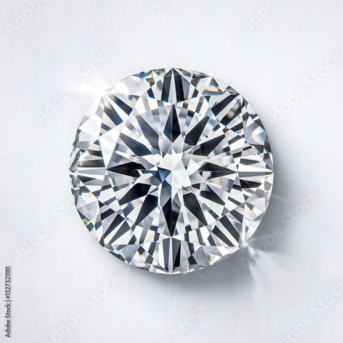 Highly detailed macro close-up of a transparent faceted crystal gemstone with intricate geometric patterns, realistic light refractions, and sparkling reflections on a clean white background