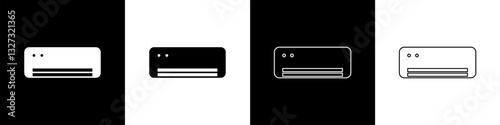 Set Air conditioner icon isolated on black and white background. Split system air conditioning. Cool and cold climate control system. Vector