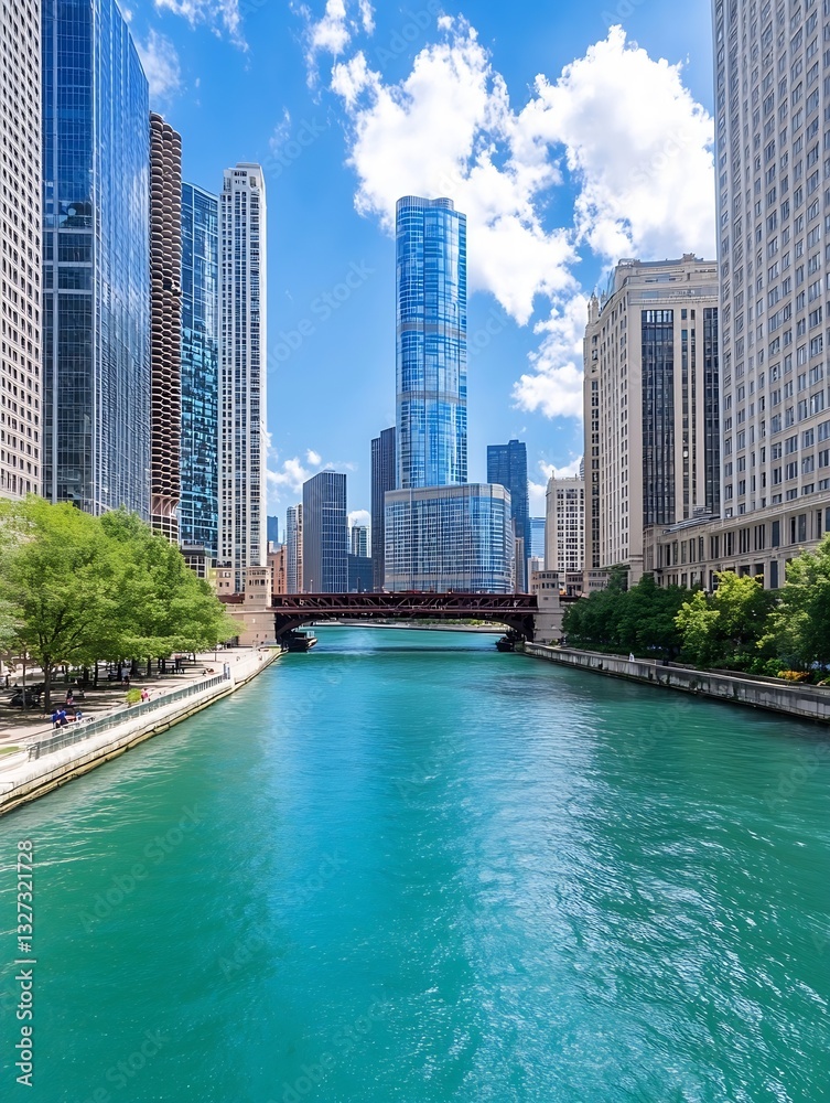 Fototapeta premium Stunning Cityscape View of River Surrounded by Skyscrapers on a Bright Sunny Day : Generative AI
