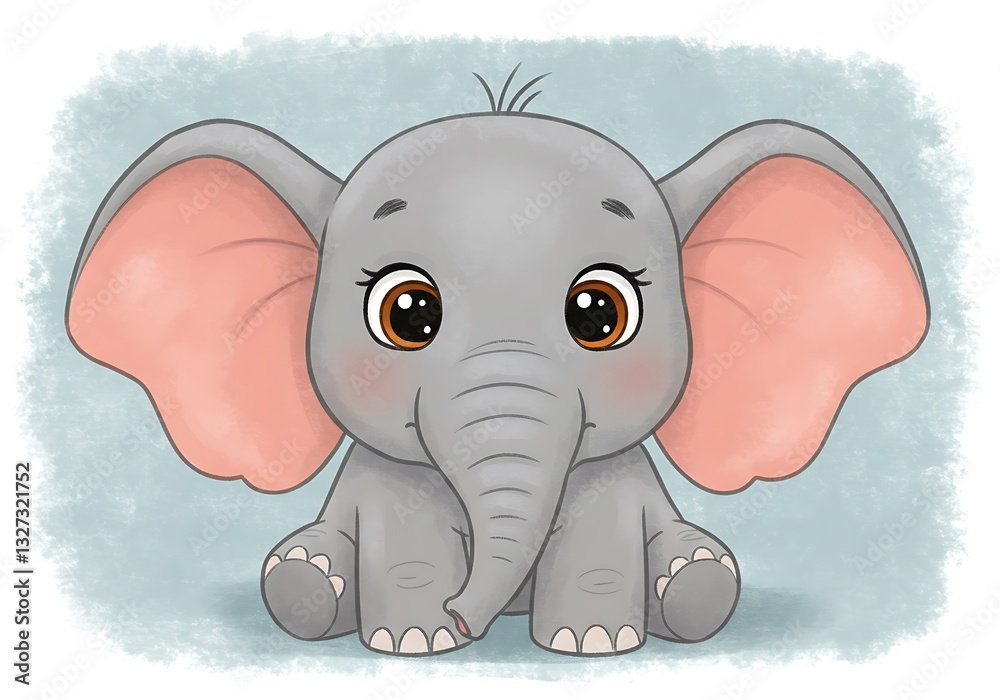 Obraz premium Cartoon Elephant Sitting with Big Eyes and Ears Illustration