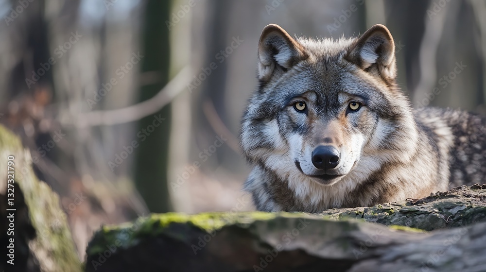 Fototapeta premium Closeup portrait of a powerful wolf gazing intently in a natural woodland environment : Generative AI