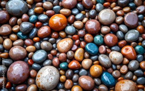 Stunning close-up of an assortment of polished river stones, showcasing their smooth, glossy surfaces, vibrant earthy tones, and unique textures, arranged artistically in a visually rich composition