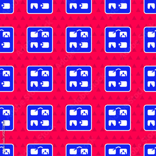 Blue Storyboard film video template for movie creation icon isolated seamless pattern on red background. Vector
