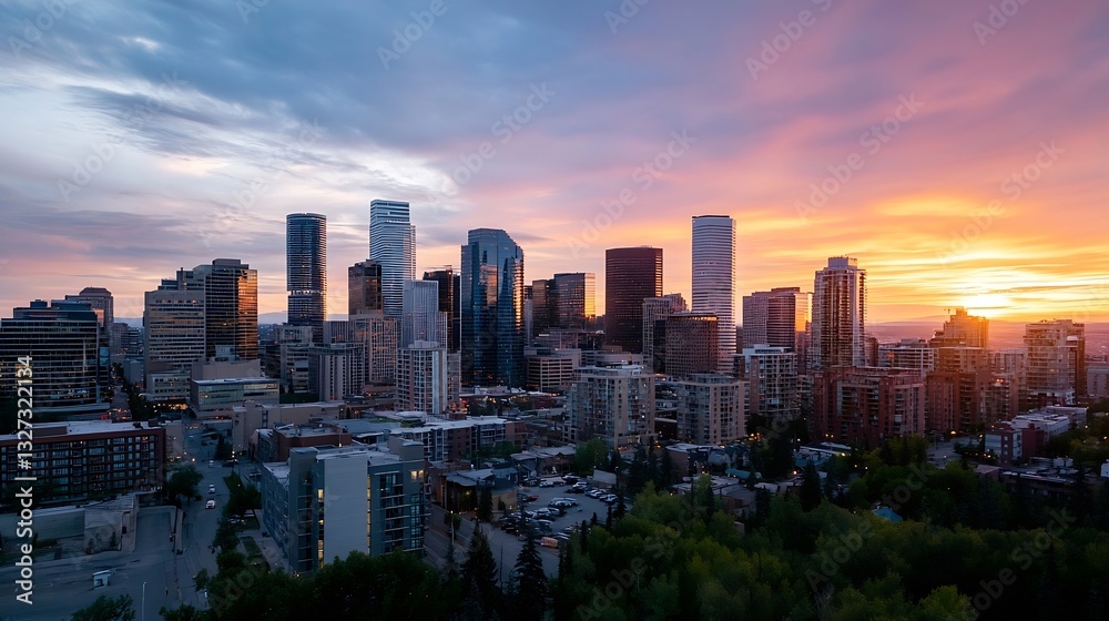 Obraz premium City skyline silhouette during sunset showcasing modern buildings and dramatic clouds above urban landscape : Generative AI