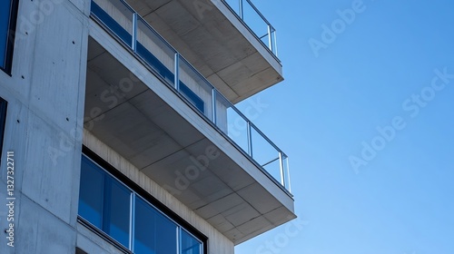 Contemporary balcony view of a stylish concrete building against a clear blue sky on a sunny day   Generative AI