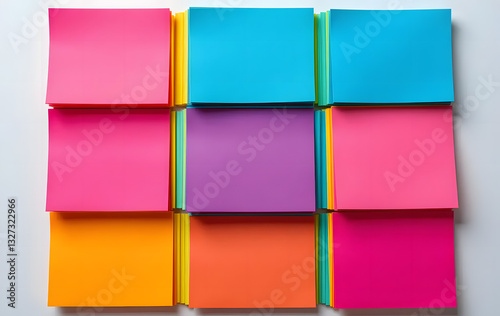 Bright and colorful sticky notes arranged in a neatly stacked grid pattern, representing organization, creativity, productivity, and office supplies