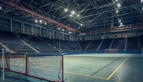 Deserted goals and seats in an empty indoor lacrosse arena.