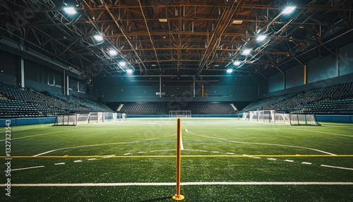 Indoor lacrosse goals set, arena seats empty.