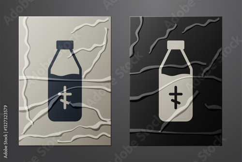 White Holy water bottle icon isolated on crumpled paper background. Glass flask with magic liquid. Paper art style. Vector