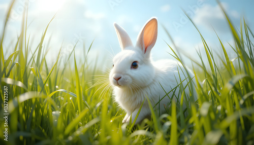 Adorable fluffy white rabbit sitting in lush green grass, bathed in warm natural sunlight, creating a serene and peaceful wildlife scene in nature