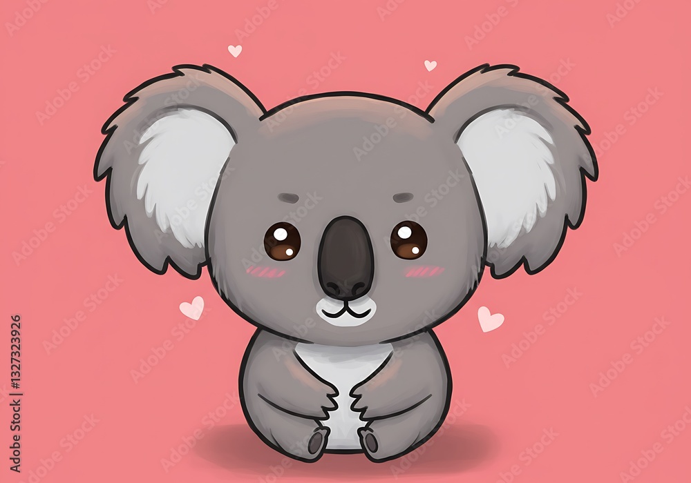 Fototapeta premium Cartoon Koala Sitting Illustration with Hearts on Pink Background