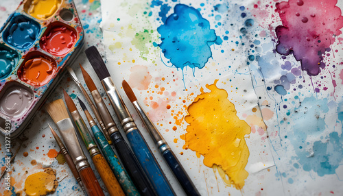 Close-up of vibrant watercolor paints, brushes, and splattered colors on a canvas, capturing the beauty of artistic creativity and painting tools
