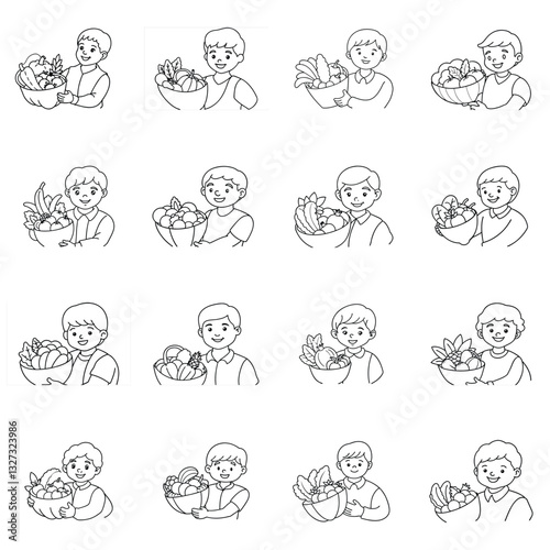 Set of Coloring pages, a boy holding the cornucopia-filled vegetables outlines the coloring page. Thanksgiving hand drawn colouring