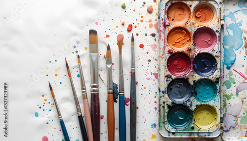 Artist’s creative workspace featuring a watercolor paint set, an assortment of fine brushes, and splashes of color on a white surface, capturing the beauty of artistic expression and creativity
