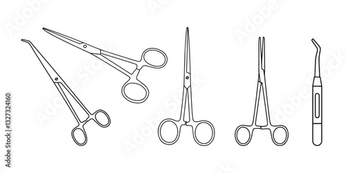Set of surgical instruments in outline style, including scissors, forceps, and a scalpel. Perfect for medical, healthcare, and surgical-themed designs. High-quality vector illustration.