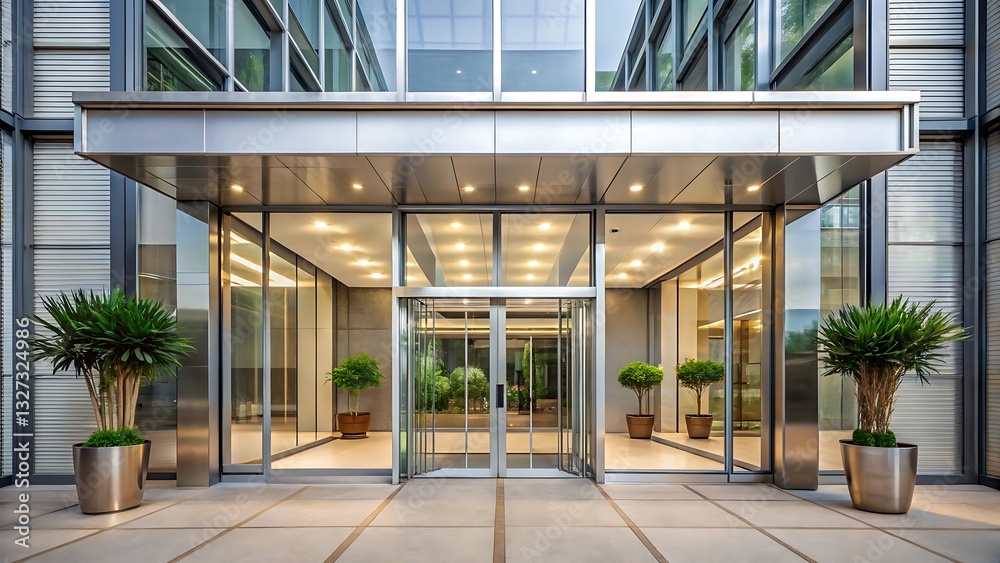 Fototapeta premium Modern office building with glass entrance doors and lush greenery