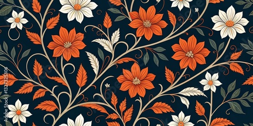 Floral Harmony Orange and White Flower Pattern on Dark Blue, botanical , spring