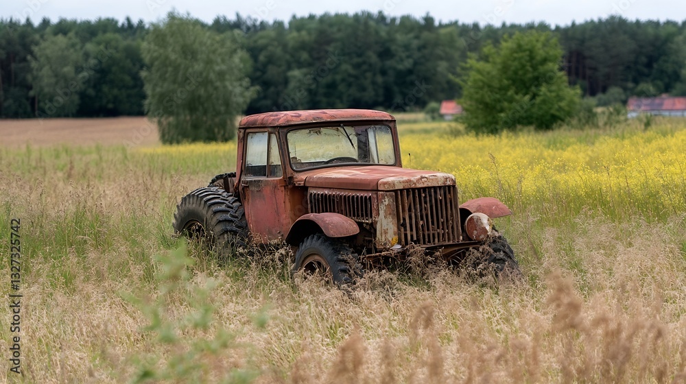 Fototapeta premium Old rusty tractor stranded in a field surrounded by wild grass and greenery evoking nostalgia : Generative AI