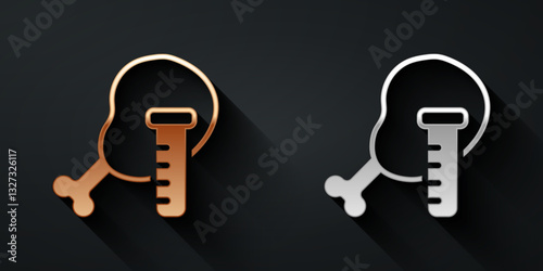 Gold and silver Genetically modified chicken icon isolated on black background. Syringe being injected to chicken. Long shadow style. Vector