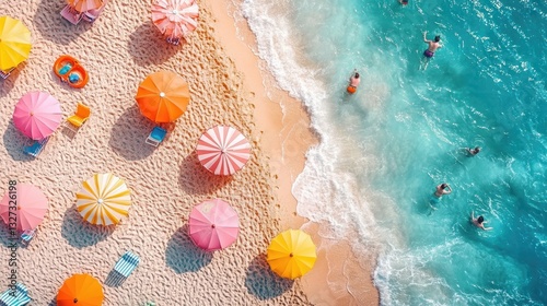 Colorful beach umbrellas, people swimming, aerial view photo