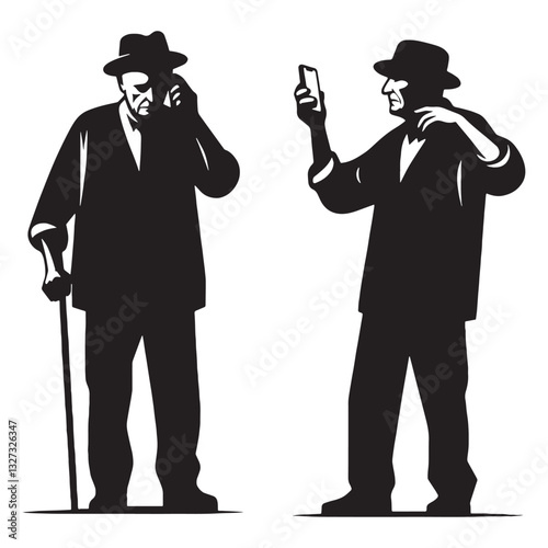 Serious Old Man Silhouette Using Mobile Phone, carefully reading a message - Old Man illustration - Minimalist Old Man vector - Attentive thinker
