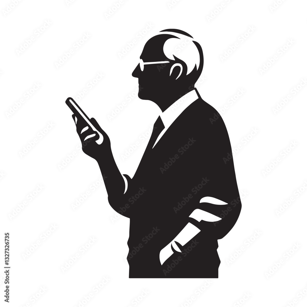 Tech-Savvy Old Man Silhouette Using Mobile Phone, mastering digital communication - Old Man illustration - Minimalist Old Man vector - Modern elder
