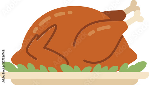 Deliciously roasted turkey resting on a platter surrounded by green garnish in minimal flat vector illustration