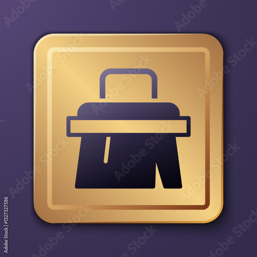 Purple Sauna brush icon isolated on purple background. Wooden brush with coarse bristles for washing in the bath. Anti cellulite massage. Gold square button. Vector