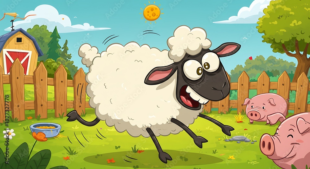 Naklejka premium Cartoon Sheep Running on Green Grass Field with Pigs in Background