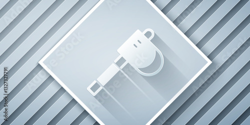 Paper cut Wooden axe icon isolated on grey background. Lumberjack axe. Paper art style. Vector