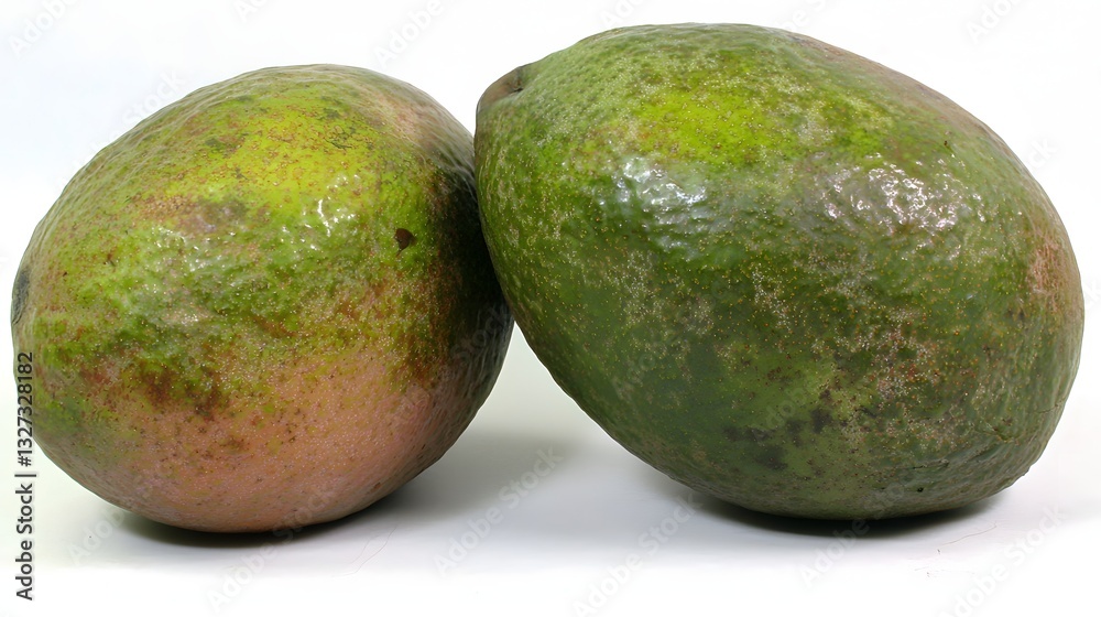 Close-Up of Two Fresh Avocados on White Background Highlighting Their Smooth Texture and Vibrant Colors