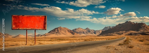 A deserted road cuts through a vast, arid landscape where an empty red billboard, a potential canvas for advertisements, stands as a stark reminder of the solitude that exists beneath a brilliant