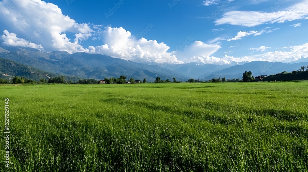 Fototapeta premium Expansive green rice fields surrounded by mountains under a stunning blue sky : Generative AI
